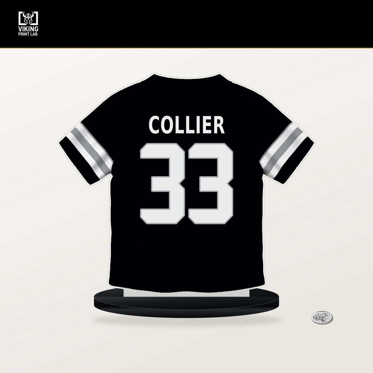 Chris Collier number 33 Las Vegas Raiders jersey stand with included black base.