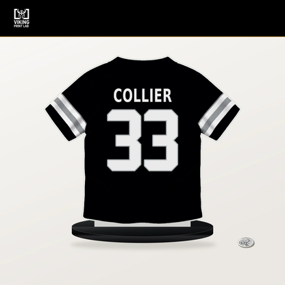 Chris Collier number 33 Las Vegas Raiders jersey stand with included black base.