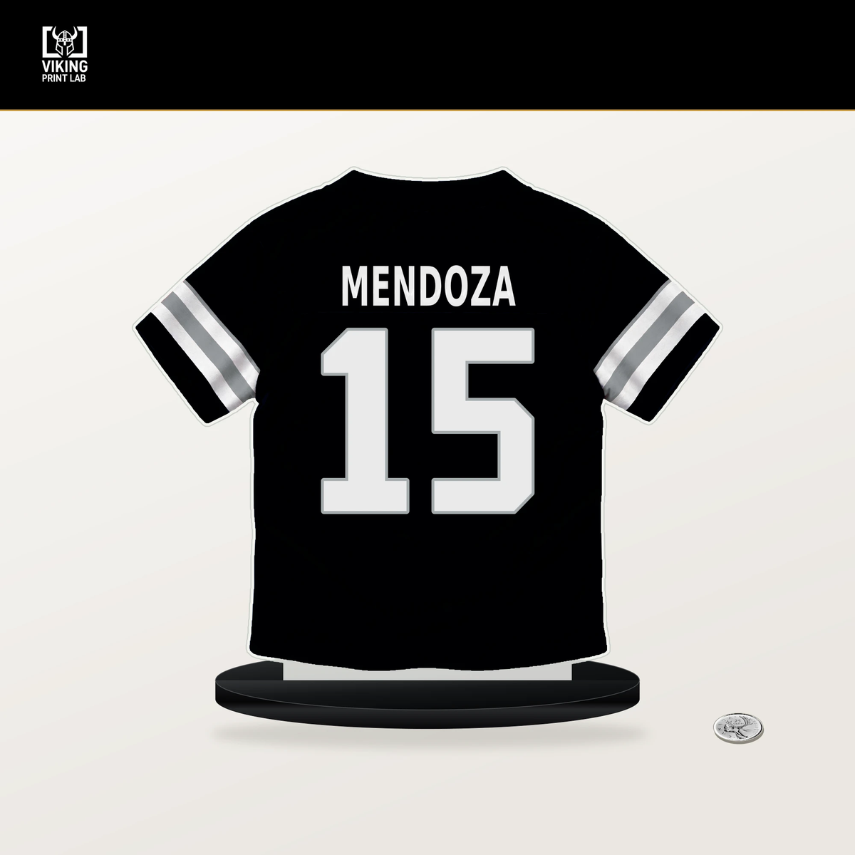 Fernando Mendoza number 15 Las Vegas Raiders jersey stand with included black base.