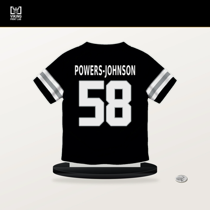 Jackson Powers-Johnson number 58 Las Vegas Raiders jersey stand with included black base.