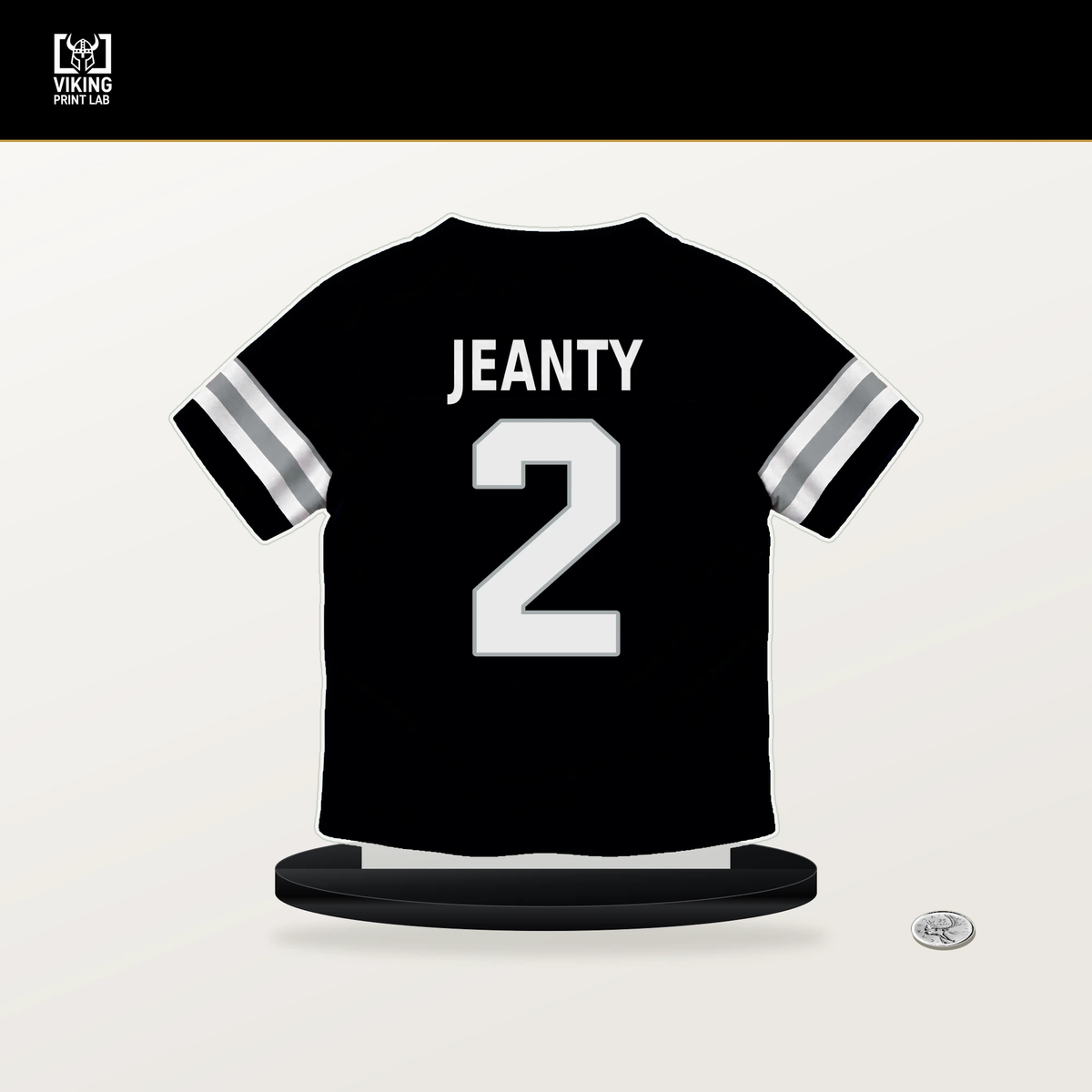 Ashton Jeanty number 2 Las Vegas Raiders jersey stand with included black base.