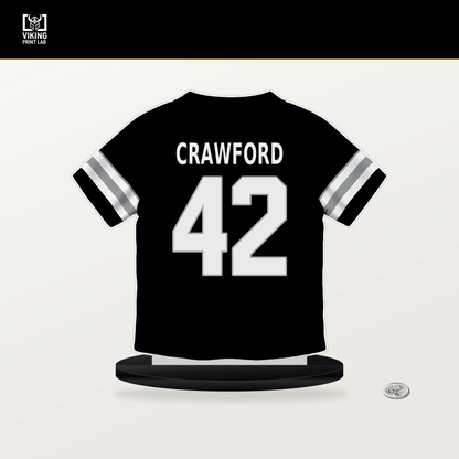 Keyron Crawford number 42 Las Vegas Raiders jersey stand with included black base.