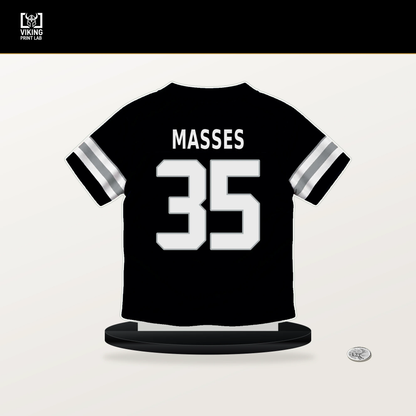 Hezekiah Masses number 35 Las Vegas Raiders jersey stand with included black base.