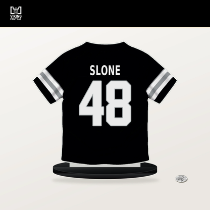 Cian Slone number 48 Las Vegas Raiders jersey stand with included black base.
