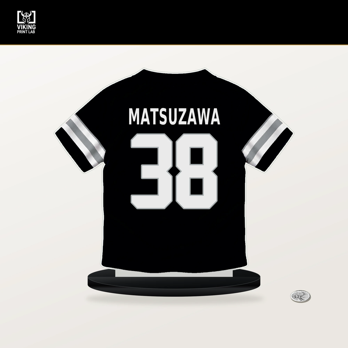 Kansei Matsuzawa number 38 Las Vegas Raiders jersey stand with included black base.