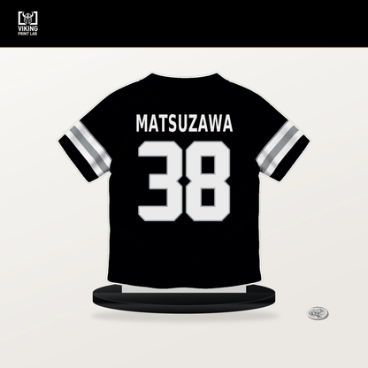 Kansei Matsuzawa number 38 Las Vegas Raiders jersey stand with included black base.