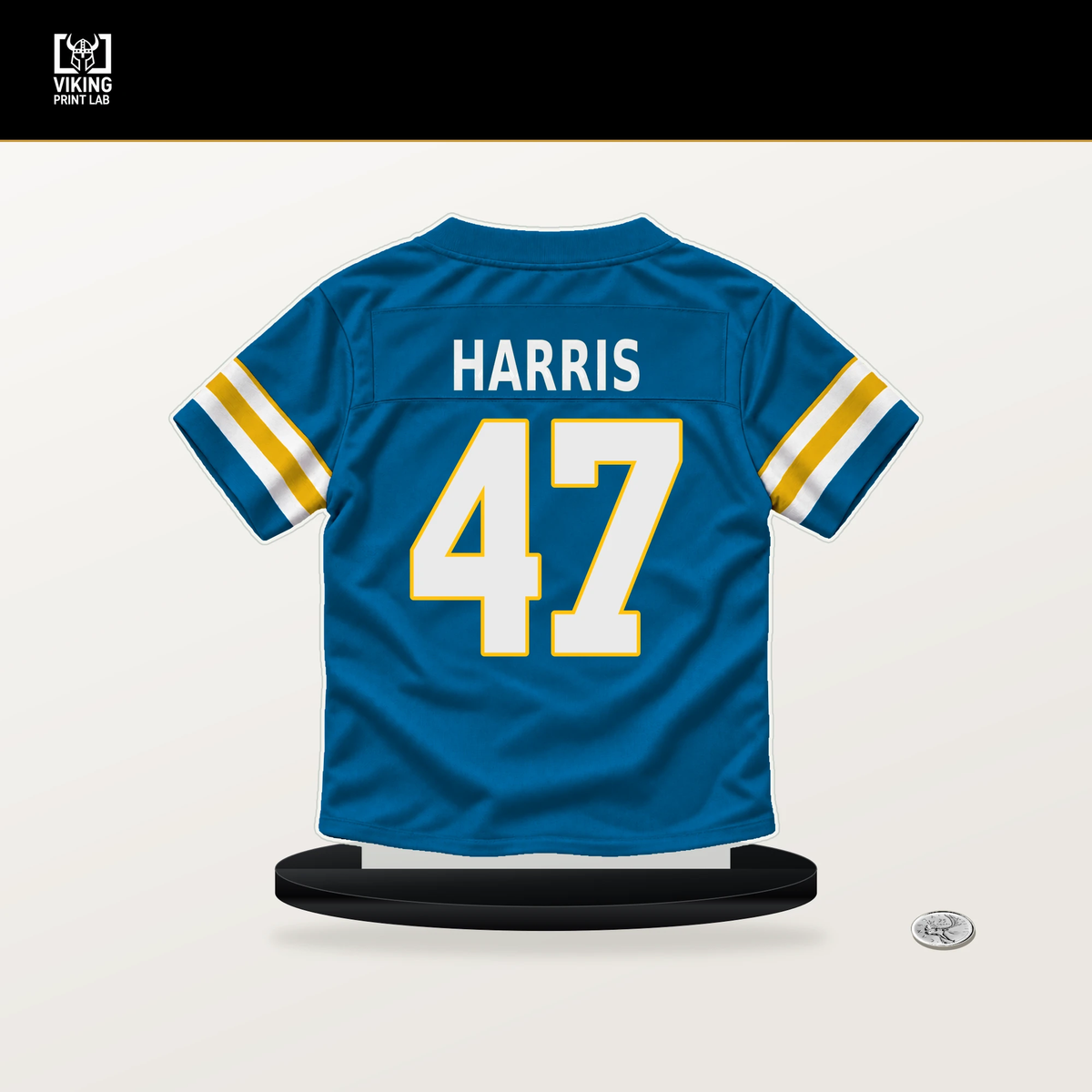 Josh Harris number 47 Los Angeles Chargers jersey stand with included black base.