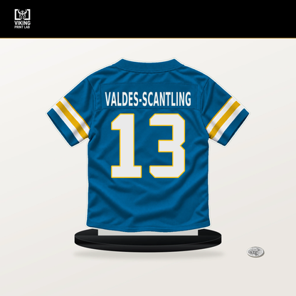 Marquez Valdes-Scantling number 13 Los Angeles Chargers jersey stand with included black base.