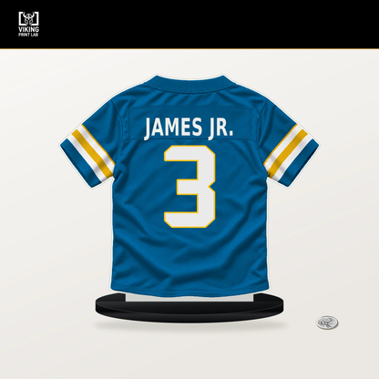 Derwin James Jr. number 3 Los Angeles Chargers jersey stand with included black base.