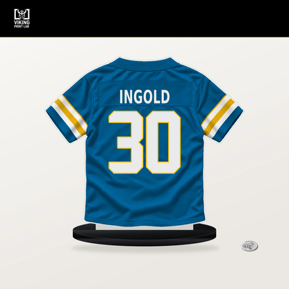 Alec Ingold number 30 Los Angeles Chargers jersey stand with included black base.