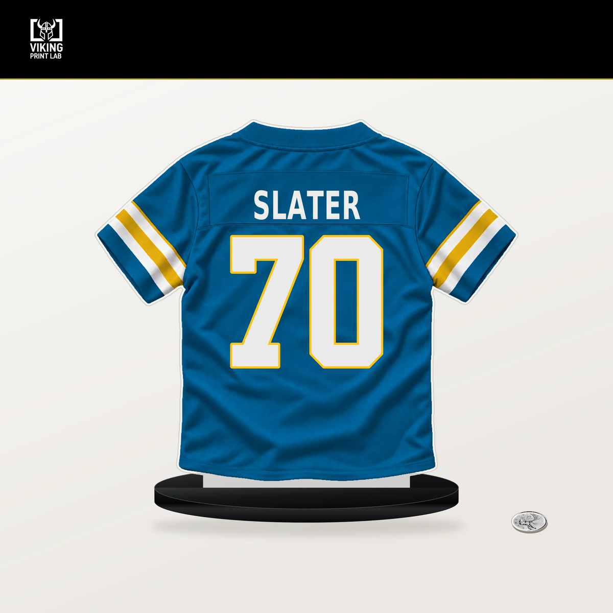 Rashawn Slater number 70 Los Angeles Chargers jersey stand with included black base.