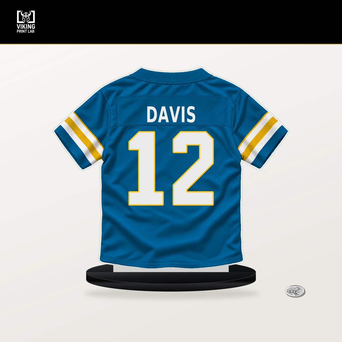 Derius Davis number 12 Los Angeles Chargers jersey stand with included black base.