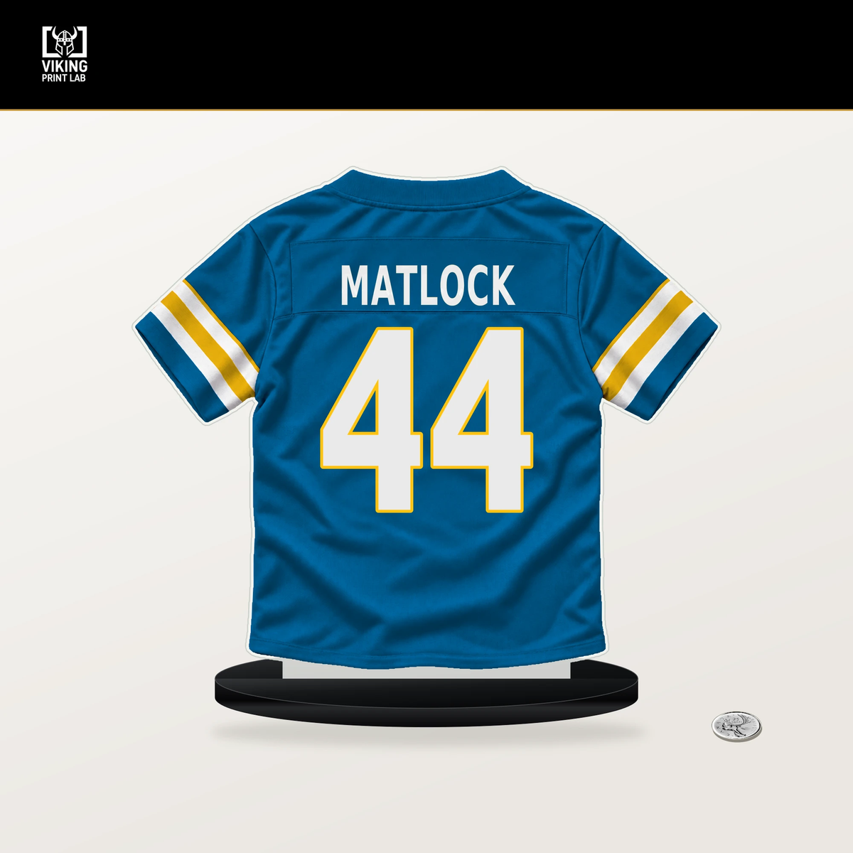 Scott Matlock number 44 Los Angeles Chargers jersey stand with included black base.