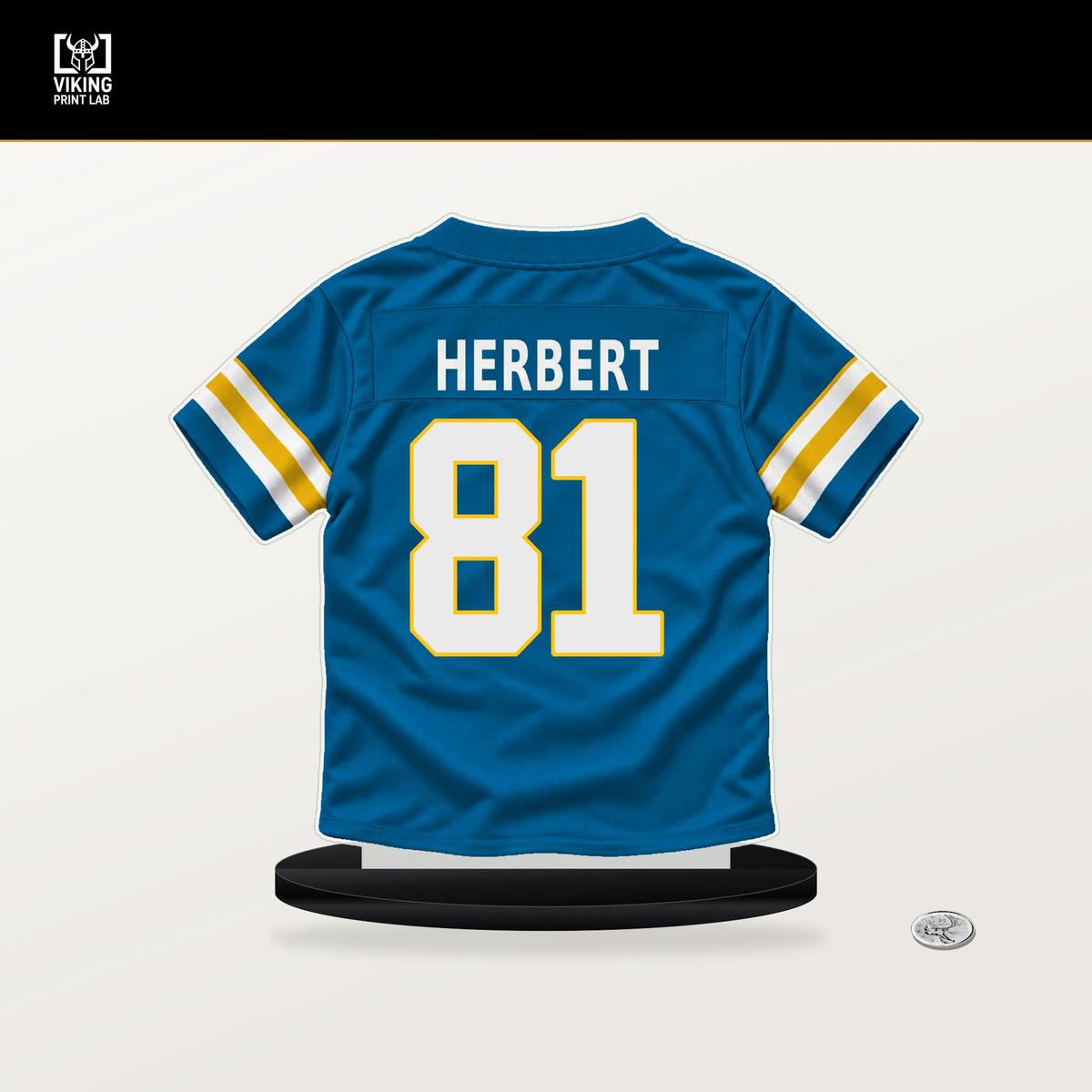 Patrick Herbert number 81 Los Angeles Chargers jersey stand with included black base.