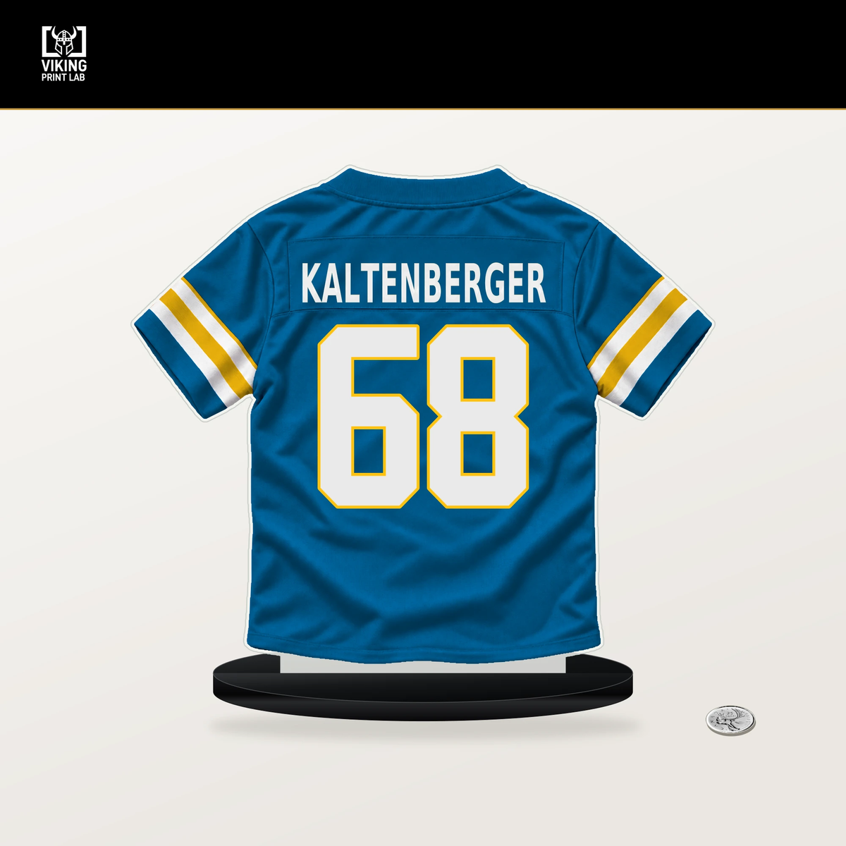 Josh Kaltenberger number 68 Los Angeles Chargers jersey stand with included black base.