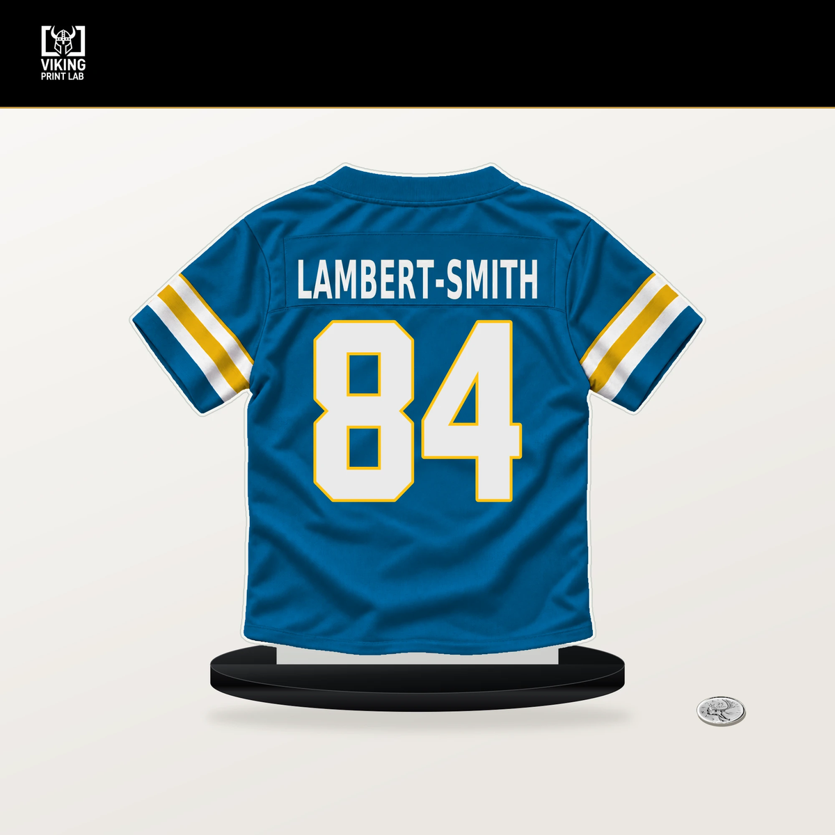 KeAndre Lambert-Smith number 84 Los Angeles Chargers jersey stand with included black base.