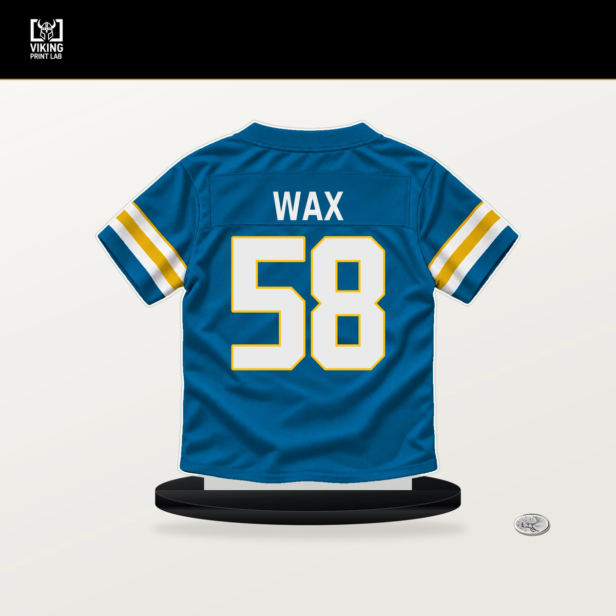Marlowe Wax number 58 Los Angeles Chargers jersey stand with included black base.