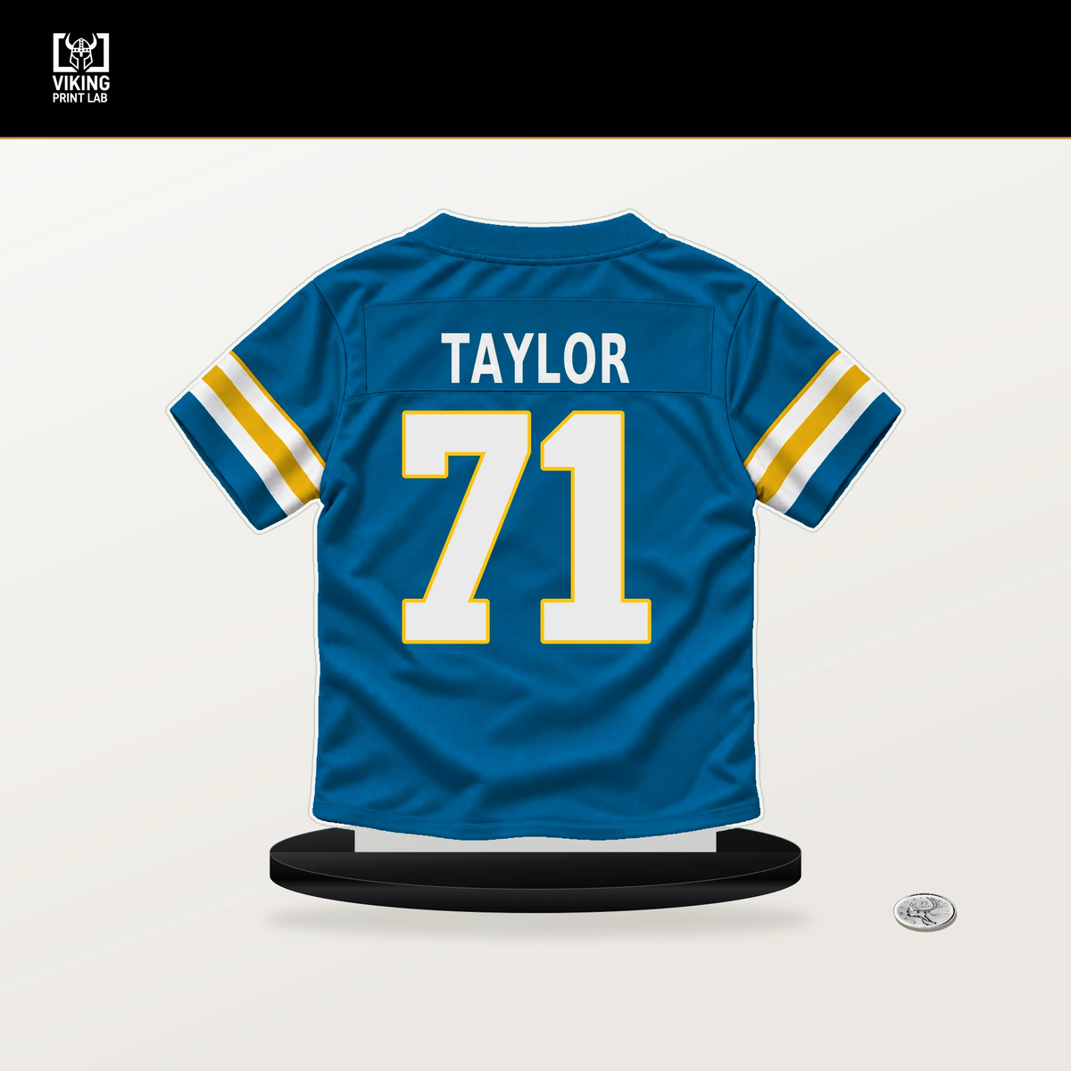 Branson Taylor number 71 Los Angeles Chargers jersey stand with included black base.