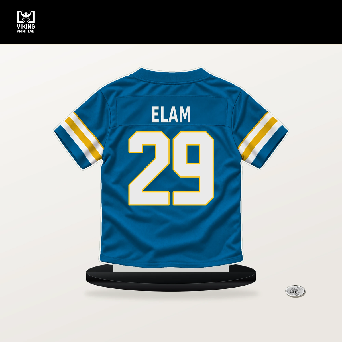 Kaiir Elam number 29 Los Angeles Chargers jersey stand with included black base.