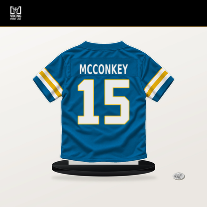 Ladd McConkey number 15 Los Angeles Chargers jersey stand with included black base.