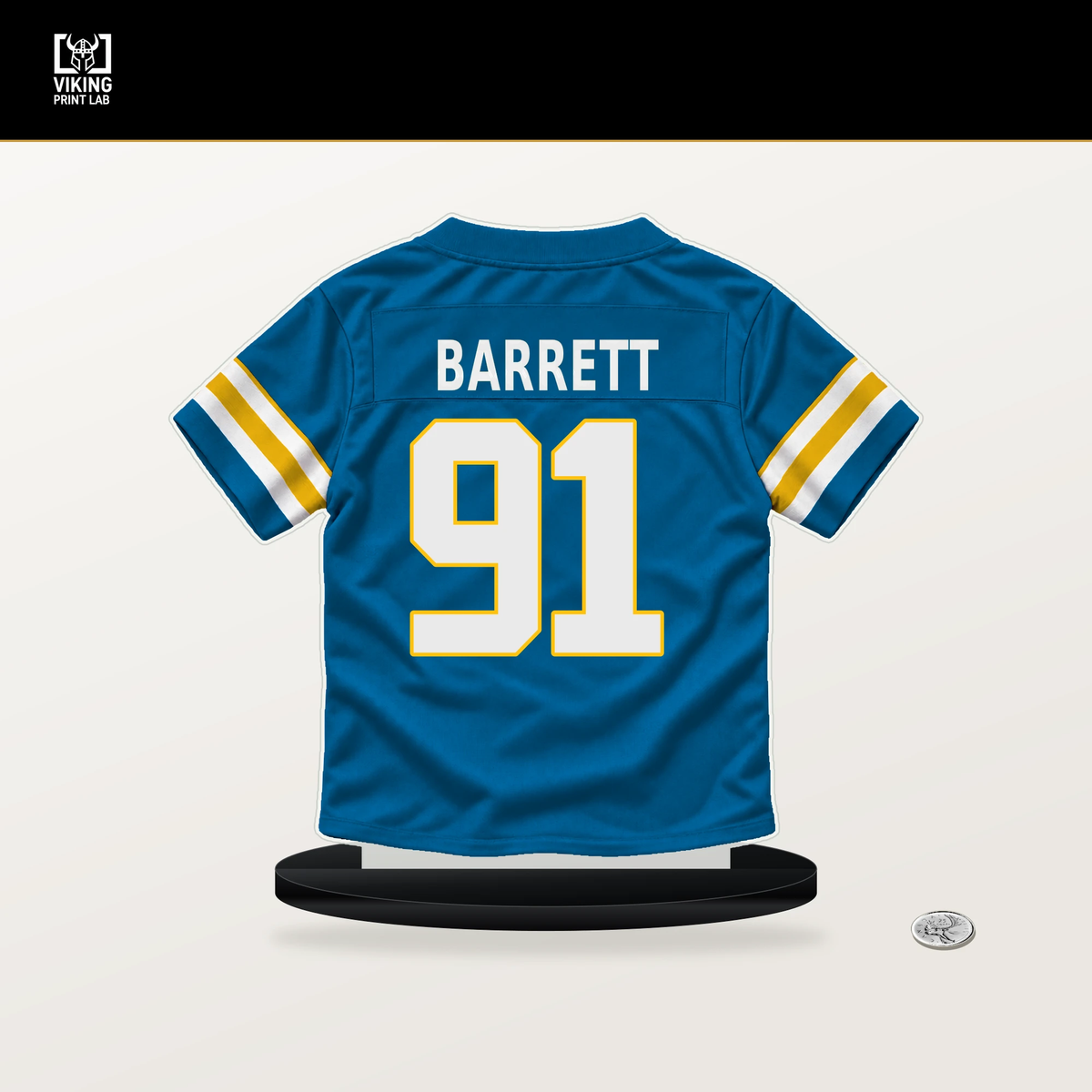 Nick Barrett number 91 Los Angeles Chargers jersey stand with included black base.