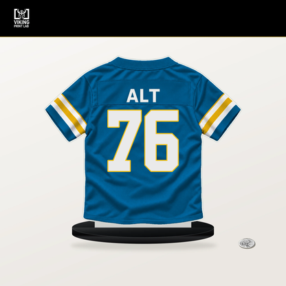 Joe Alt number 76 Los Angeles Chargers jersey stand with included black base.