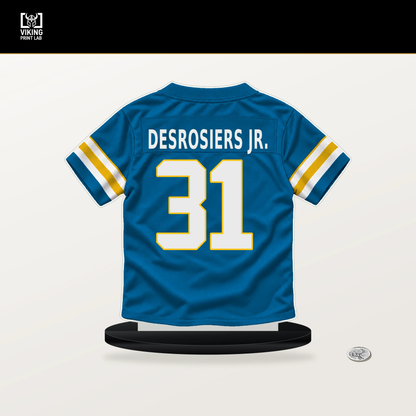 Greg Desrosiers Jr. number 31 Los Angeles Chargers jersey stand with included black base.