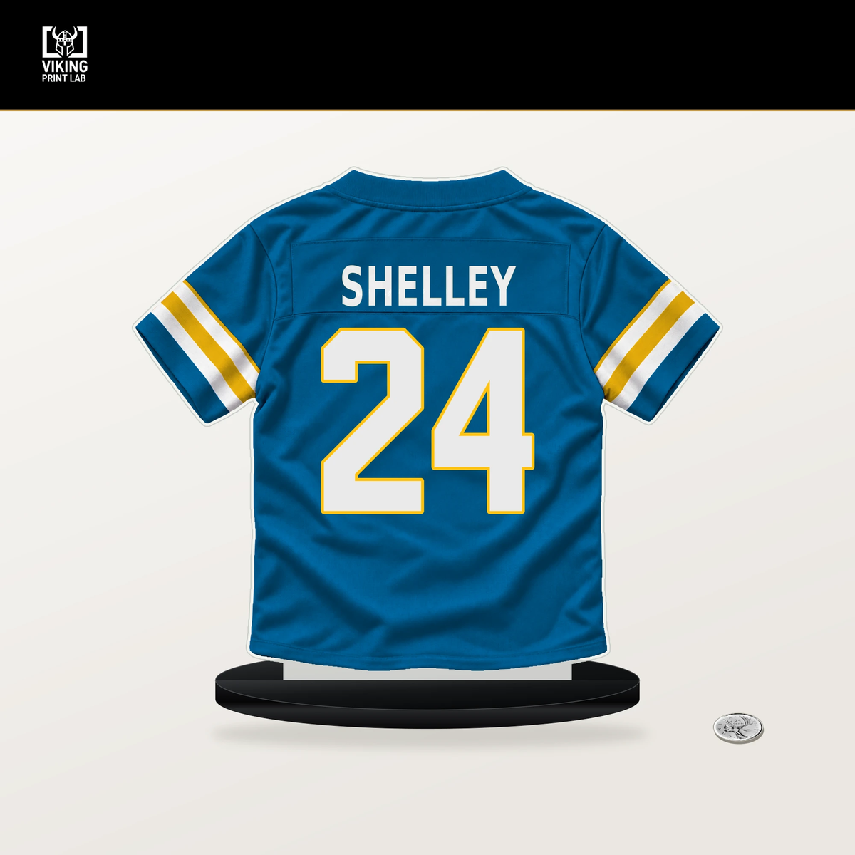 Rodney Shelley number 24 Los Angeles Chargers jersey stand with included black base.