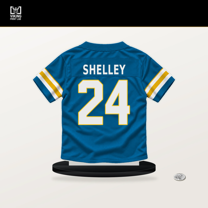 Rodney Shelley number 24 Los Angeles Chargers jersey stand with included black base.