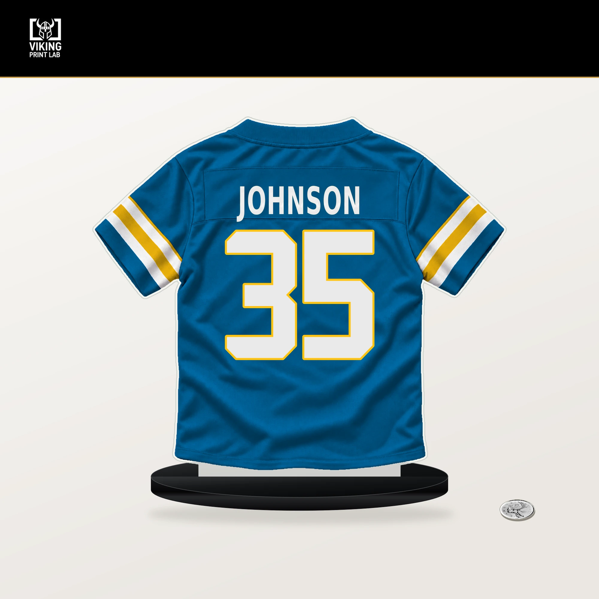 Amar Johnson number 35 Los Angeles Chargers jersey stand with included black base.