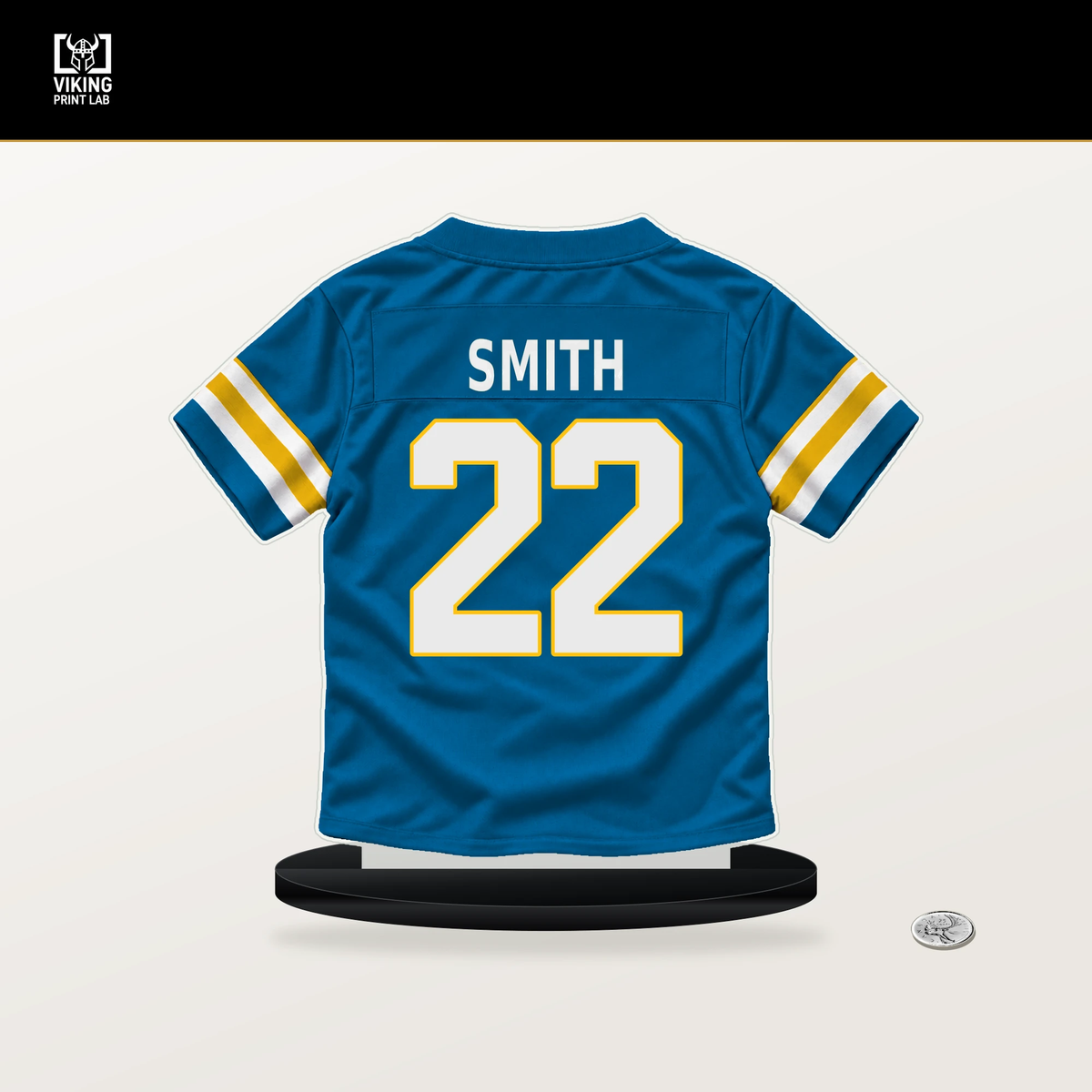 Genesis Smith number 22 Los Angeles Chargers jersey stand with included black base.