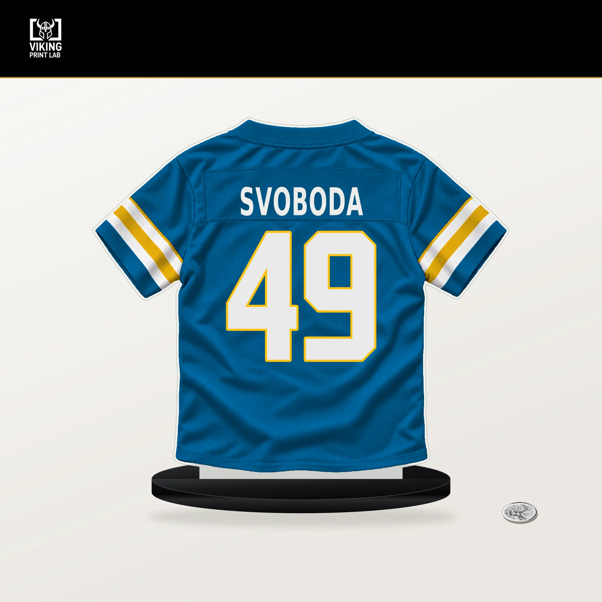 Evan Svoboda number 49 Los Angeles Chargers jersey stand with included black base.