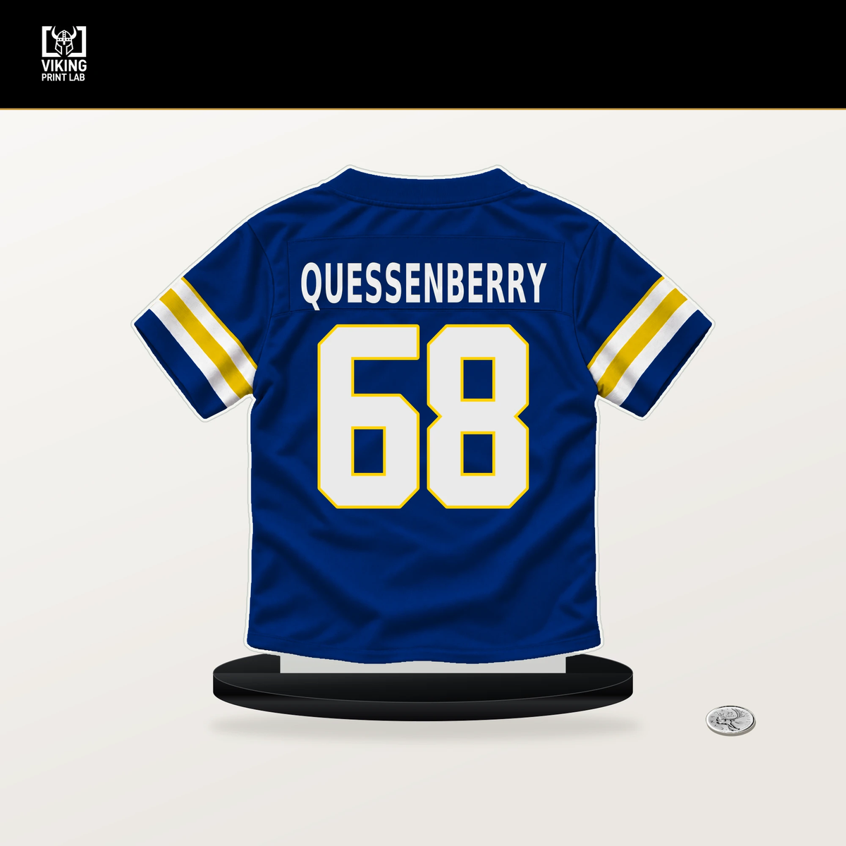 David Quessenberry number 68 Los Angeles Rams jersey stand with included black base.