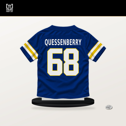 David Quessenberry number 68 Los Angeles Rams jersey stand with included black base.