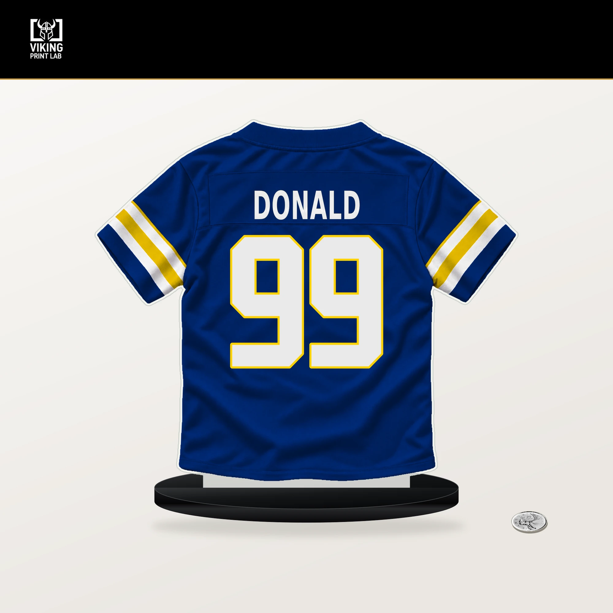 Aaron Donald number 99 Los Angeles Rams jersey stand with included black base.