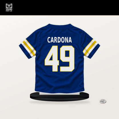 Joe Cardona number 49 Los Angeles Rams jersey stand with included black base.