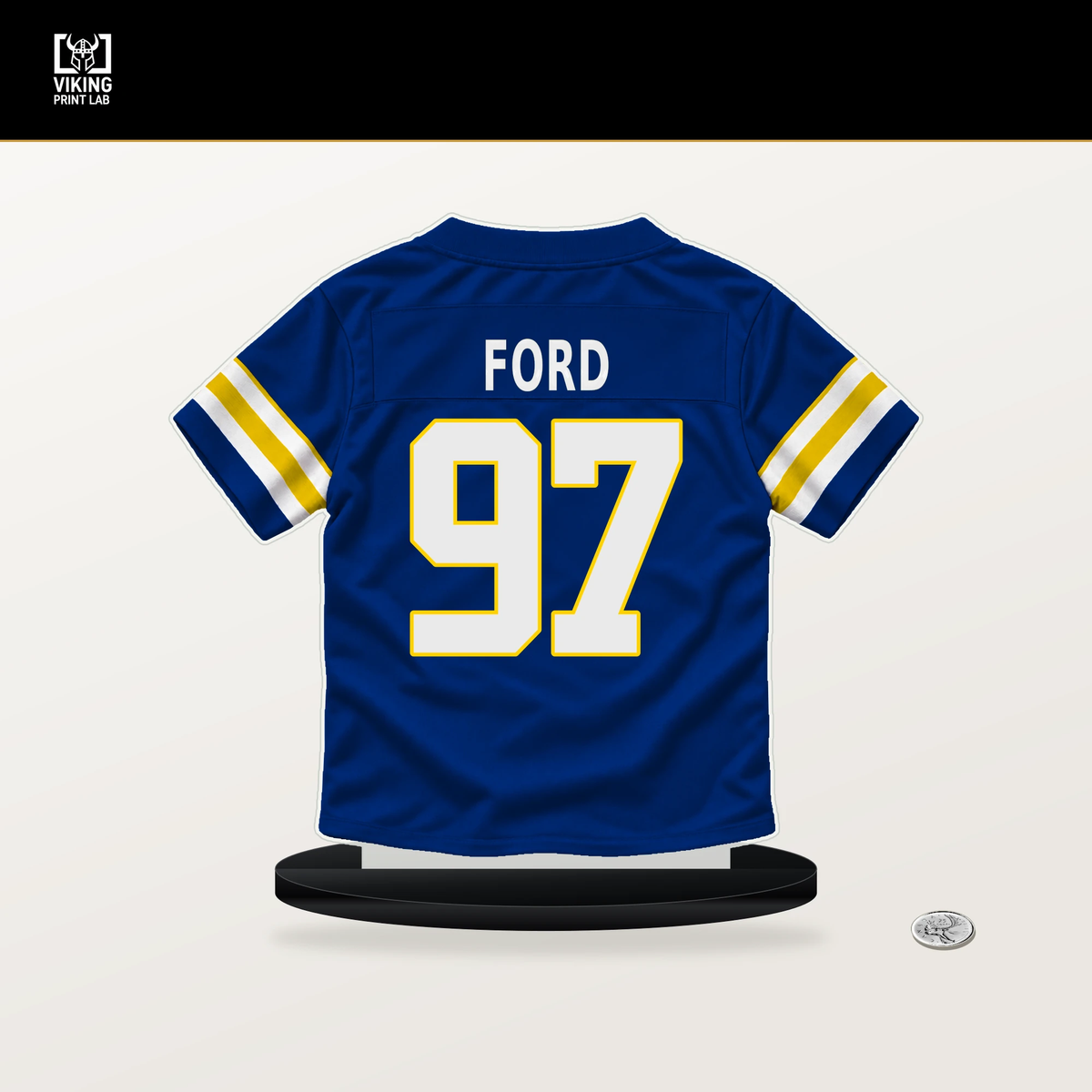 Poona Ford number 97 Los Angeles Rams jersey stand with included black base.