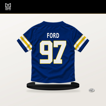 Poona Ford number 97 Los Angeles Rams jersey stand with included black base.