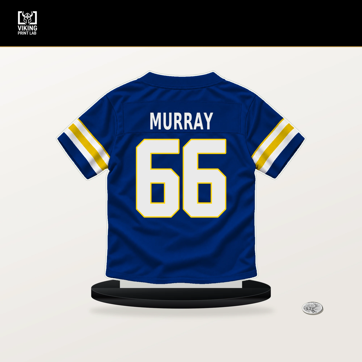 Bill Murray number 66 Los Angeles Rams jersey stand with included black base.