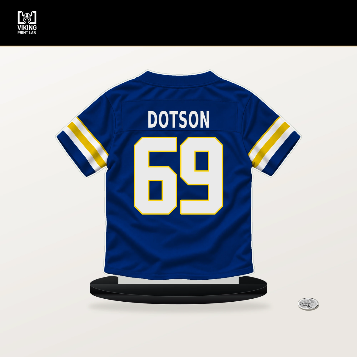 Kevin Dotson number 69 Los Angeles Rams jersey stand with included black base.