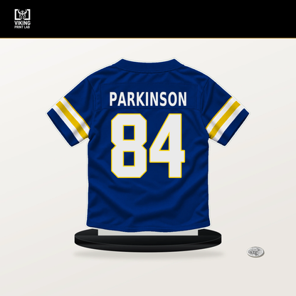 Colby Parkinson number 84 Los Angeles Rams jersey stand with included black base.