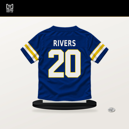 Ronnie Rivers number 20 Los Angeles Rams jersey stand with included black base.