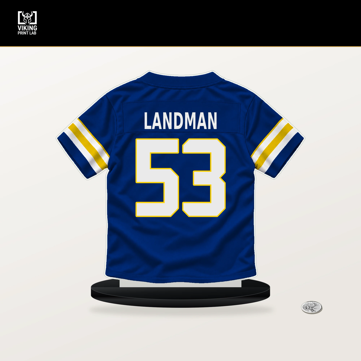 Nate Landman number 53 Los Angeles Rams jersey stand with included black base.