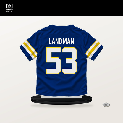 Nate Landman number 53 Los Angeles Rams jersey stand with included black base.