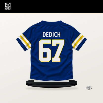 Justin Dedich number 67 Los Angeles Rams jersey stand with included black base.