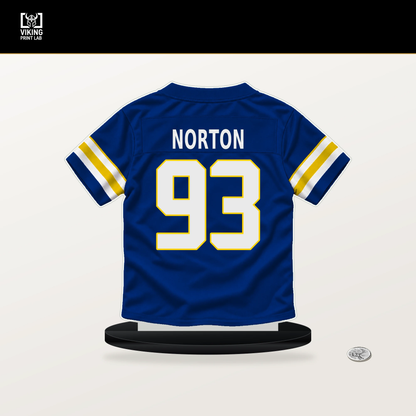 Bill Norton number 93 Los Angeles Rams jersey stand with included black base.