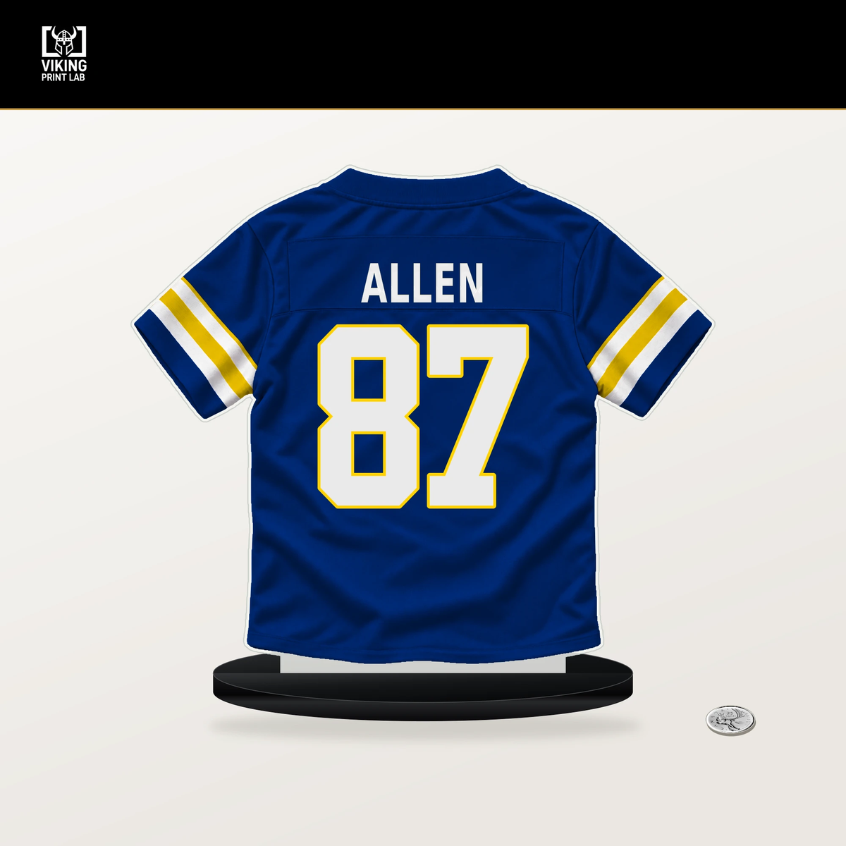 Davis Allen number 87 Los Angeles Rams jersey stand with included black base.