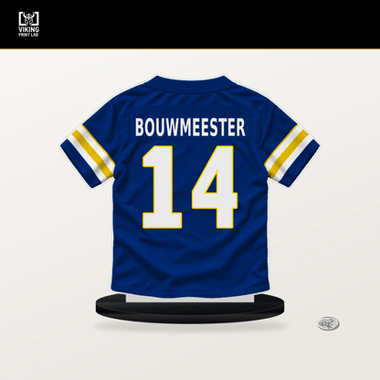 Jack Bouwmeester number 14 Los Angeles Rams jersey stand with included black base.
