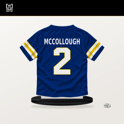 Jaylen McCollough number 2 Los Angeles Rams jersey stand with included black base.