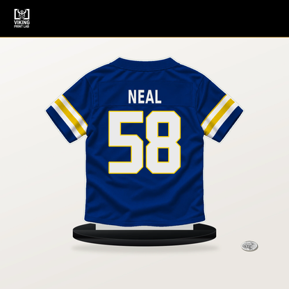 Elias Neal number 58 Los Angeles Rams jersey stand with included black base.